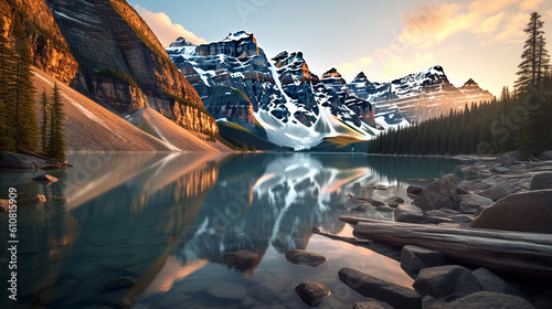 Illustration of Moraine Lake in Banff National Park. Generative AI. 