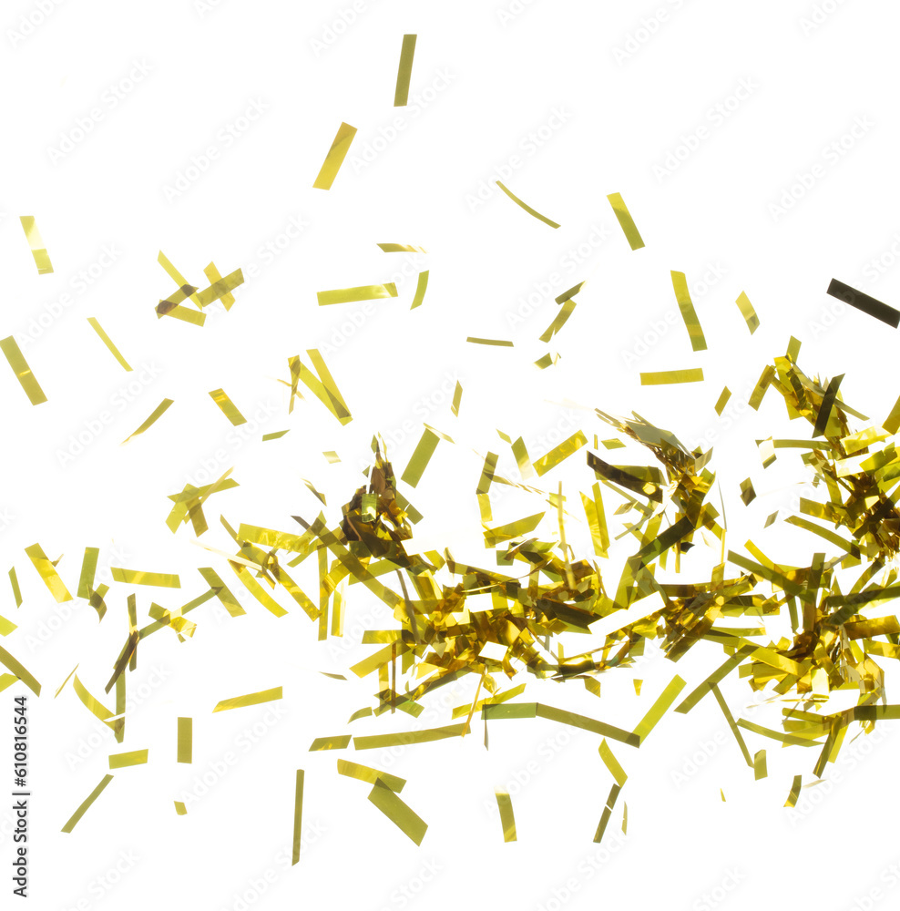 Golden Confetti Foil fall splashing in air. Gold Confetti Foil explosion flying, abstract cloud fly. Many Party glitter scatter in many group. White background isolated high speed shutter freeze Golden Confetti Foil fall splashing in air. Gold Confetti Foil explosion flying, abstract cloud fly. Many Party glitter scatter in many group. White background isolated high speed shutter freeze
