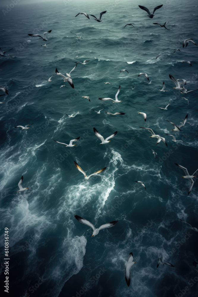 Naklejka premium Seabirds hovering over the sea.