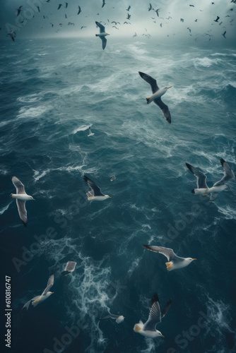 Seabirds hovering over the sea.
