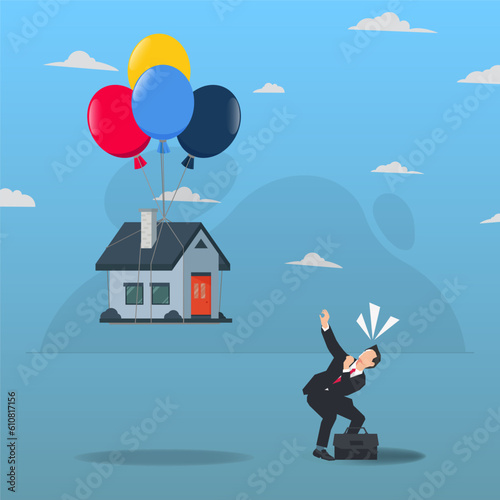 Businessman with house flying in balloons. Lost asset concept vector