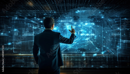 Man facing towards big screen, Image of a Businessman Leveraging AI Technology to Drive Business Insights and Gain Competitive Advantage, The focused man stands before a digital screen by ai