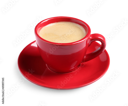 Red ceramic cup with hot aromatic coffee isolated on white