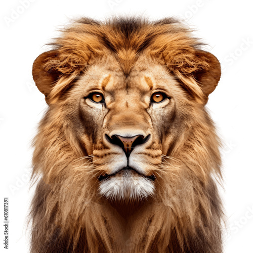 Lion face shot isolated on white background  Transparent cutout