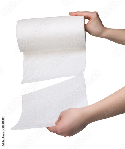 Woman tearing paper towels on white background, closeup