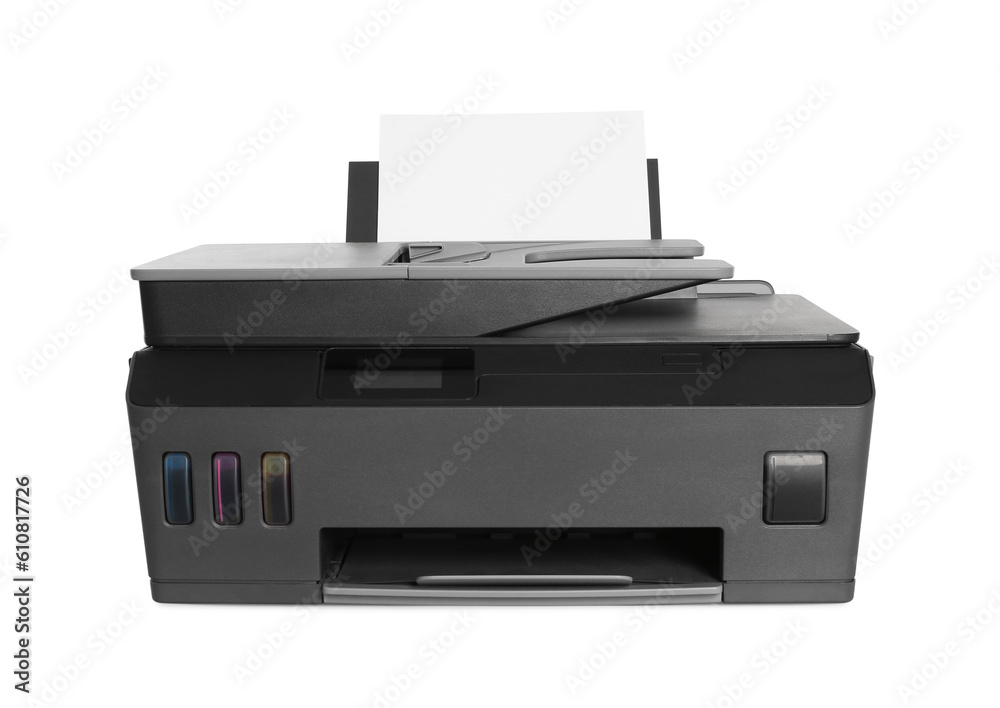 Modern printer with paper isolated on white Modern printer with paper isolated on white