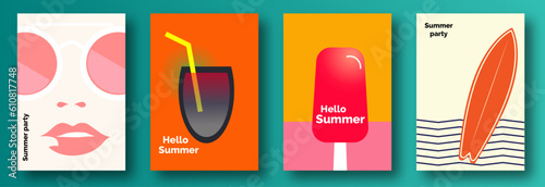 Summer. A set of flat vector illustrations. Summer time, background girls, drinks and ice cream on the theme of summer, vacation, weekend, beach. Perfect background for poster