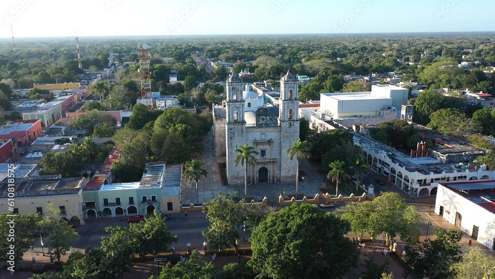 Aerial of the Cathedral de San Gervasio after sunrise in Valladolid, Yucatan, Mexico.