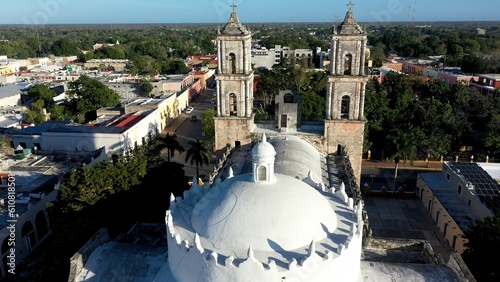 Aerial closeup from the towers of the Cathedral de San Gervasio revealing the full depth of the church in Valladolid, Yucatan, Mexico just after sunrise. photo