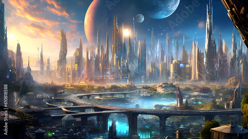A view of a futuristic city with towering spiky skyscrapers on a alien world with multiple moons  Generative AI