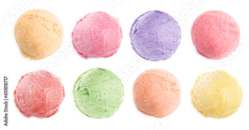 Set of ice cream scoops of different colors and flavors isolated on white, top view
