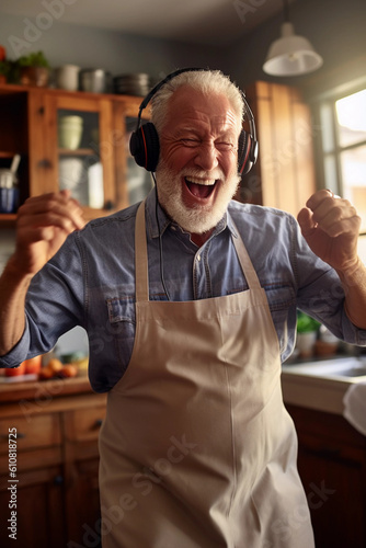 happy old man wearing headphones and dance