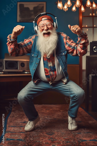 happy old man wearing headphones and dance
