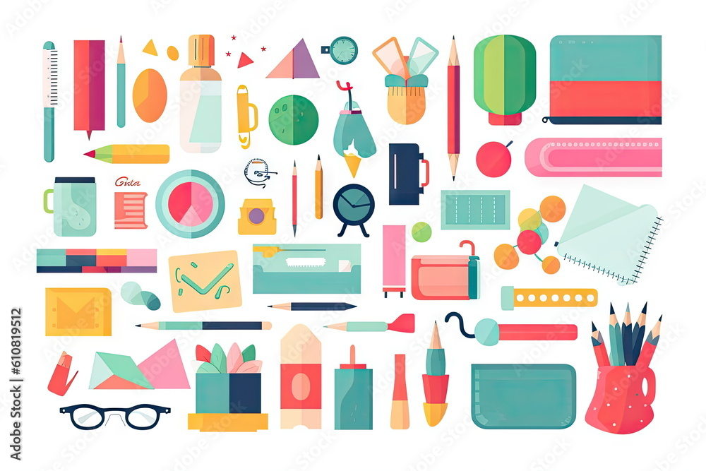 school items and elements learning study, flat design, Back to school concept school items and elements learning study, flat design, Back to school concept