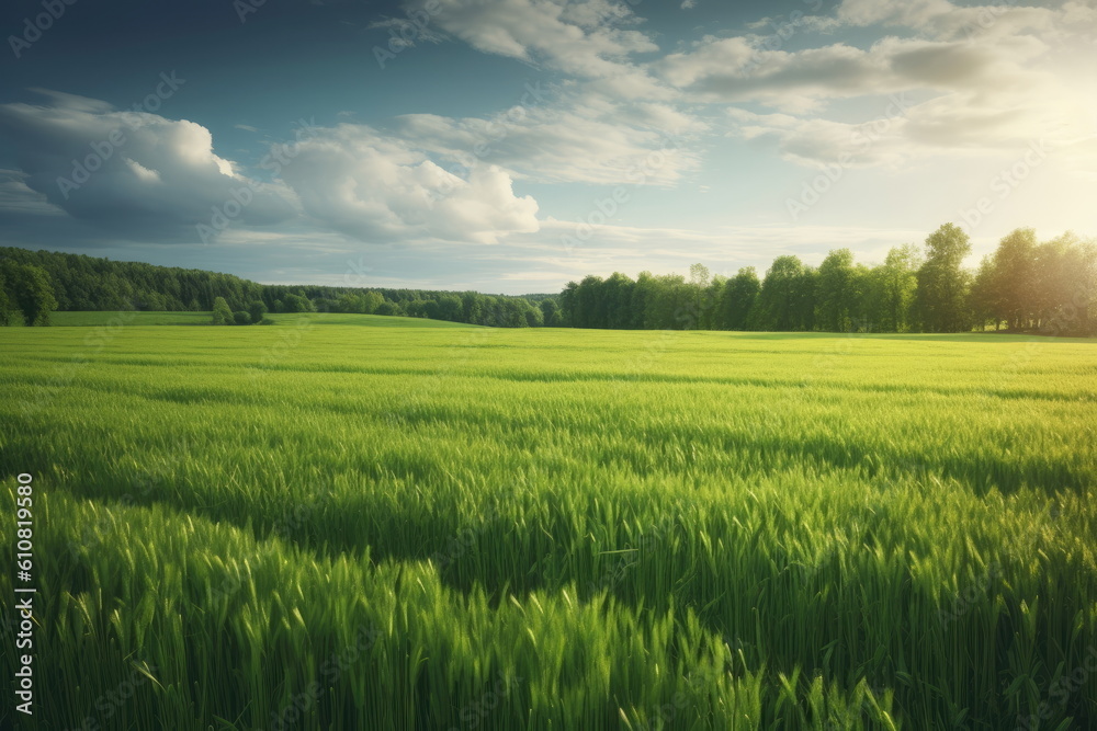 natural landscape with green grass field, spring summer landscape