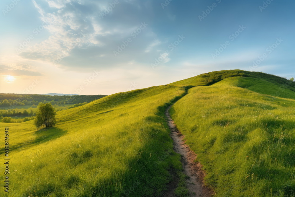 natural landscape with green grass field, spring summer landscape