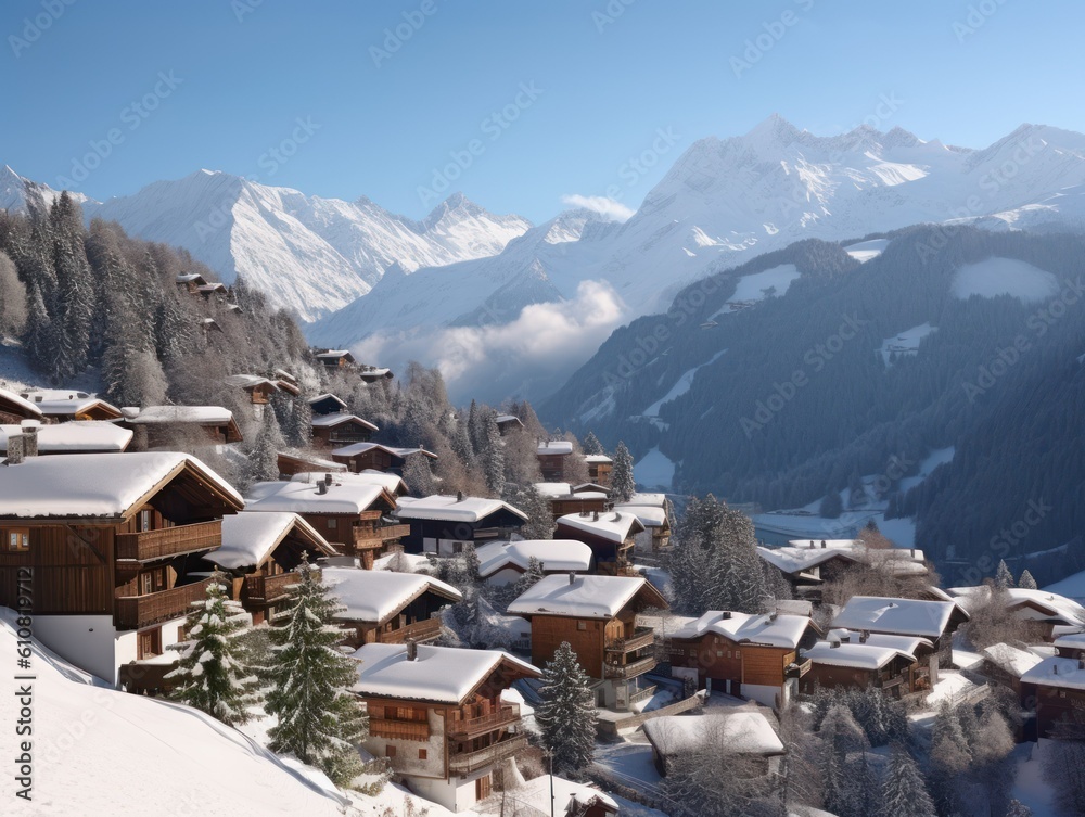 Beautiful illustration of a cute traditional Swiss village in the Alps with a lot of cozy chalets. Generative AI.