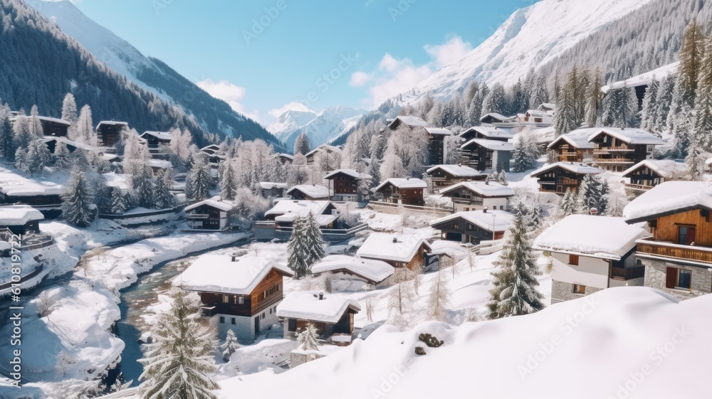 Beautiful illustration of a cute traditional Swiss village in the Alps with a lot of cozy chalets. Generative AI.