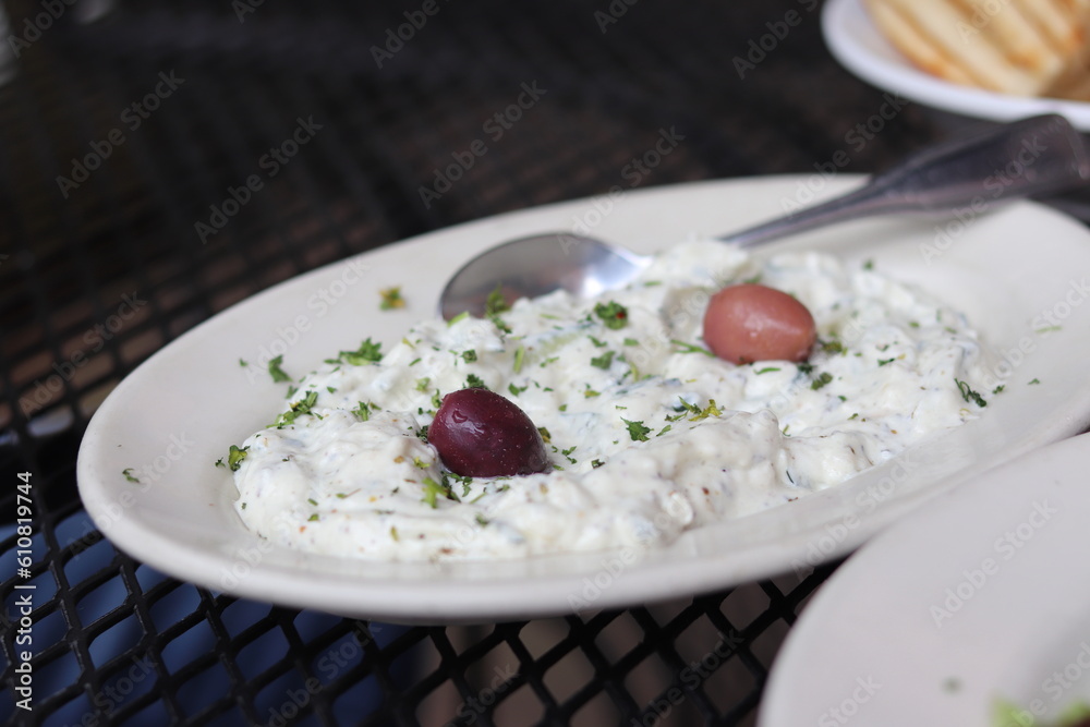 Greek Feta Dip with Kalamata Olives and Pita Bread Greek Feta Dip with Kalamata Olives and Pita Bread