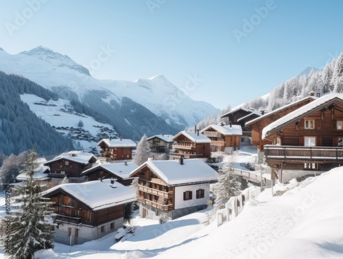Beautiful illustration of a cute traditional Swiss village in the Alps with a lot of cozy chalets. Generative AI. © Tuyres