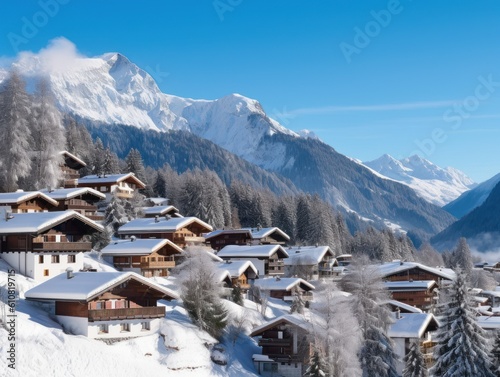 Beautiful illustration of a cute traditional Swiss village in the Alps with a lot of cozy chalets. Generative AI. © Tuyres