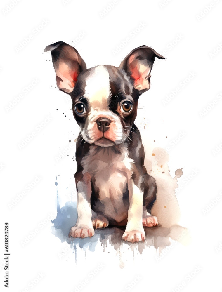 Cute Boston Terrier puppy on white background, cartoon watercolor illustration. Generative AI.