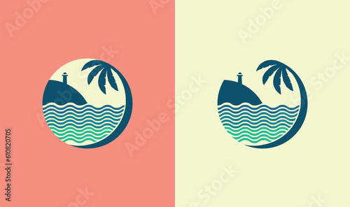 Beach illustration on blue color palette. Badge style vector logo template for companies.