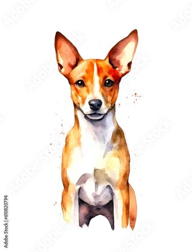 Cute Basenji dog on white background, cartoon watercolor illustration. Generative AI.