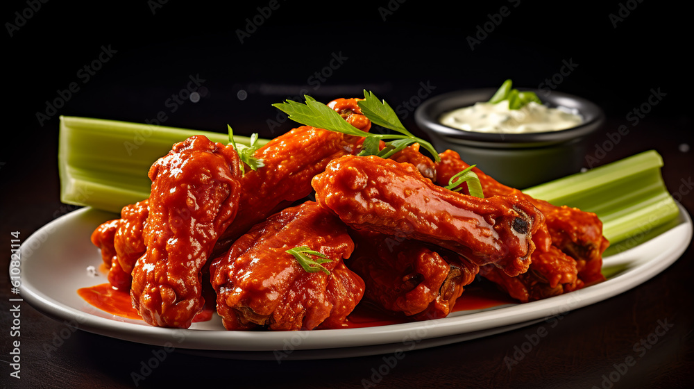 A plate of sizzling hot buffalo wings, coated in spicy sauce, with a side of celery sticks and blue cheese dressing, generative ai A plate of sizzling hot buffalo wings, coated in spicy sauce, with a side of celery sticks and blue cheese dressing, generative ai