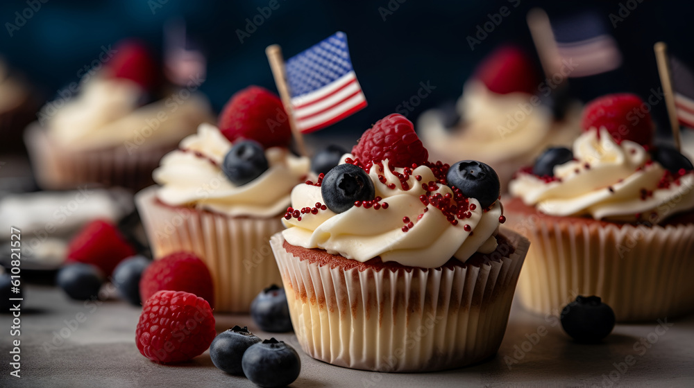 cupcakes with patriotic american flags decoration and berry on dark background with copy space . Generative AI.