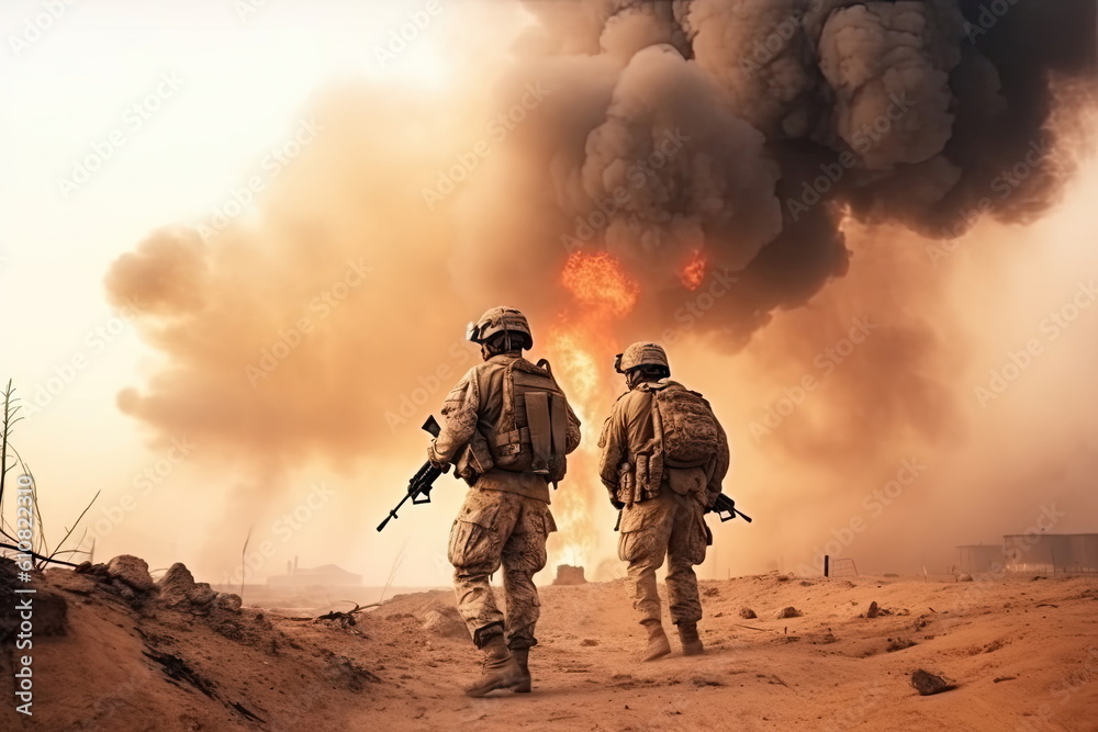 soldiers crosses warzone with fire and smoke in the desert, military special forces, tank soldiers crosses warzone with fire and smoke in the desert, military special forces, tank
