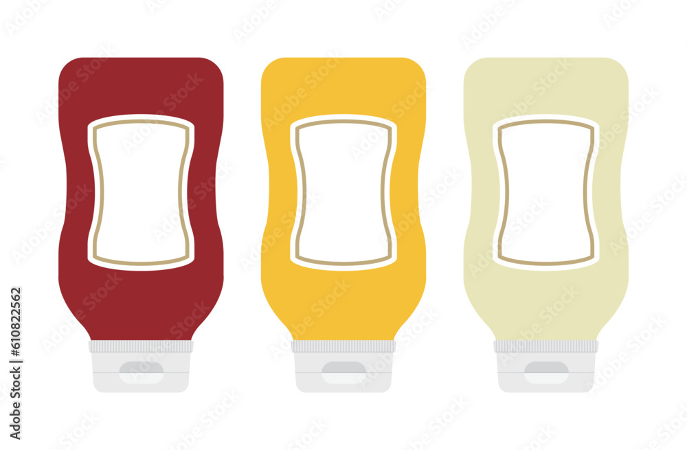 A set of tube-shaped packages containing ketchup, mustard and mayonnaise sauce. A set of tube-shaped packages containing ketchup, mustard and mayonnaise sauce.
