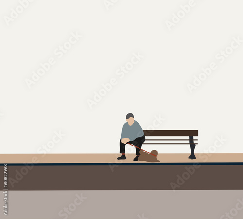 Senior man and dog sitting on bench in park. Pet love and care concept. Dog connection to people. Alternative therapy