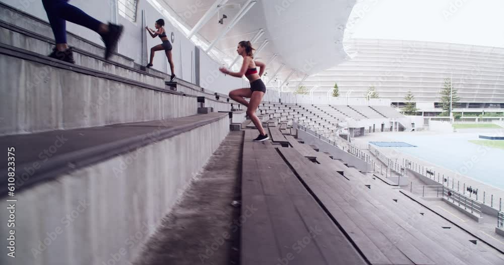 custom made wallpaper toronto digitalCloseup, legs or group with fitness, stairs or training with exercise, workout goal or performance. Women, friends or athletes with cardio, running or endurance with challenge, stadium or motivation