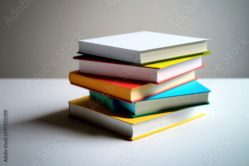 A book pile close up on a table. Front view pile book. For festival of world book day, national book day or national education day. Stack of colorful books on white background by AI Generated