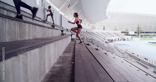 Wallpaper Mural Closeup, legs or group with fitness, stairs or training with exercise, workout goal or performance. Women, friends or athletes with cardio, running or endurance with challenge, stadium or motivation Torontodigital.ca