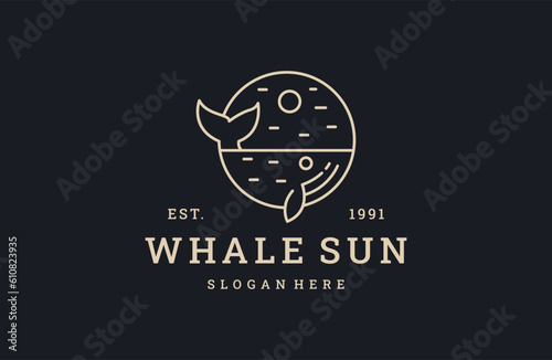 Whale sun logo vector icon illustration hipster vintage retro .
