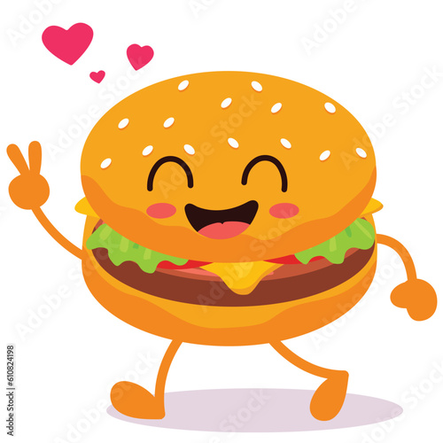 Happy smiling kawaii cute burger. Vector flat cartoon character illustration icon design. Isolated on white background. burger, fast food 