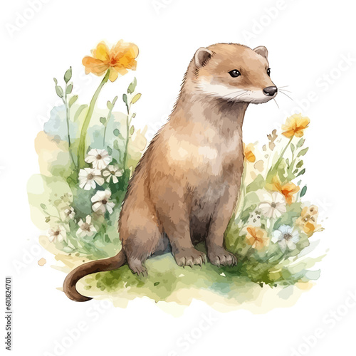 Cute weasel cartoon in watercolor style