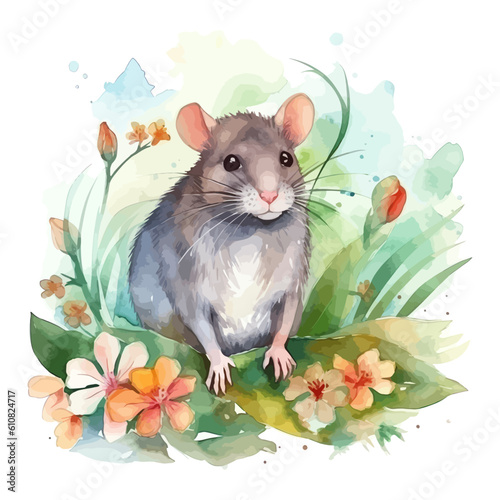 Cute mouse cartoon in watercolor style