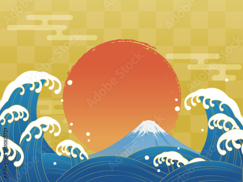 波と富士山と初日の出の和風背景_ベクターイラスト