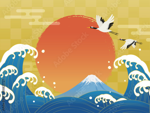 波と鶴と初日の出の和風背景_ベクターイラスト