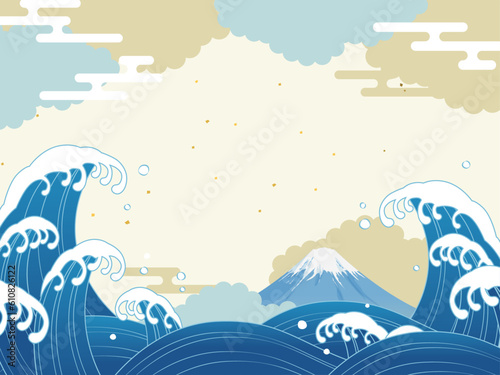 Wallpaper Mural 波と富士山と雲の和風背景フレーム_ベクターイラスト