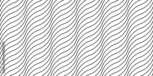 Wave lines seamless pattern. Black and white undulate stripes repeating background. Diagonal wavy texture. Simple curved linear wallpaper. Textile and fabric design template. Vector