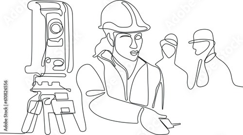 Close up of Caucasian worker with helmet on head using tablet for work while standing in warehouse. Surveyor with a tripod icon. Geodesic tripod. Vector illustration
