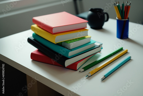 A book pile close up on a study desk. Front view pile book. For festival of world book day, national book day or national education day. Stack of colorful books on study table by AI Generated