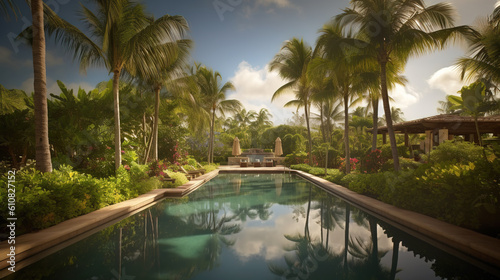 a tropical palm-tipped pool Generative AI © 애영 고