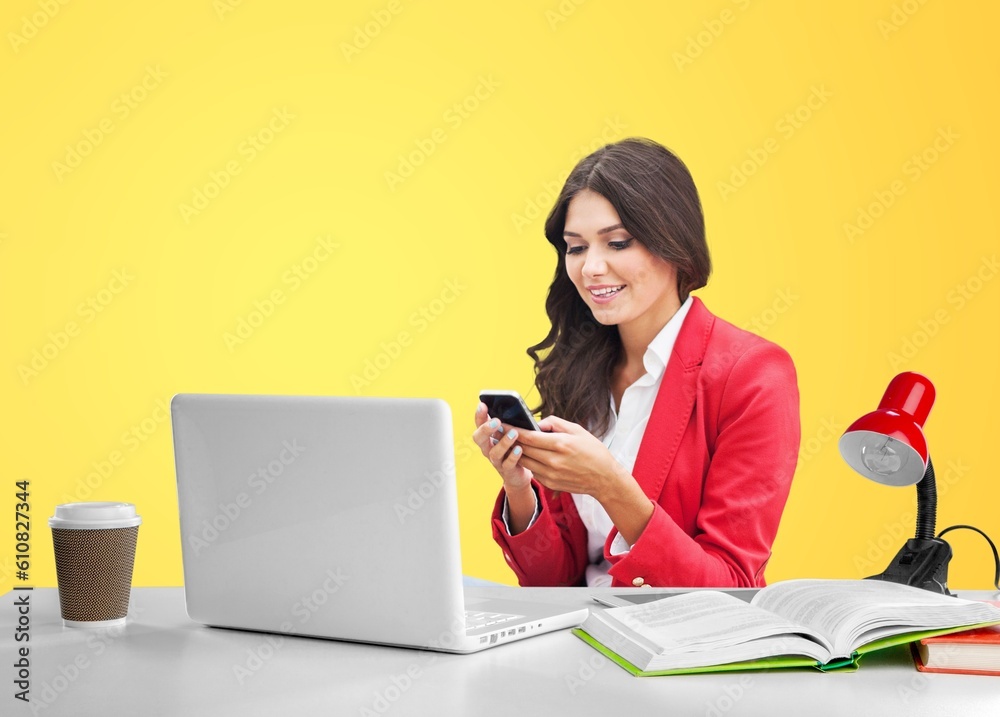 Naklejka premium Young successful female employee work at office