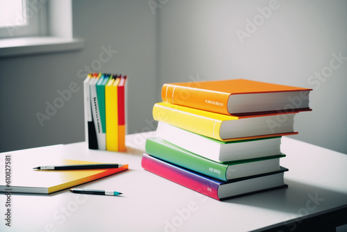 A book pile close up on a study desk. Front view pile book. For festival of world book day, national book day or national education day. Stack of colorful books on study table by AI Generated