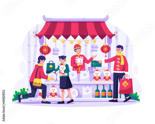 Asian people buy presents and goods from a traditional street market. Counter stall with goods and souvenirs. Chinese new year shopping illustration